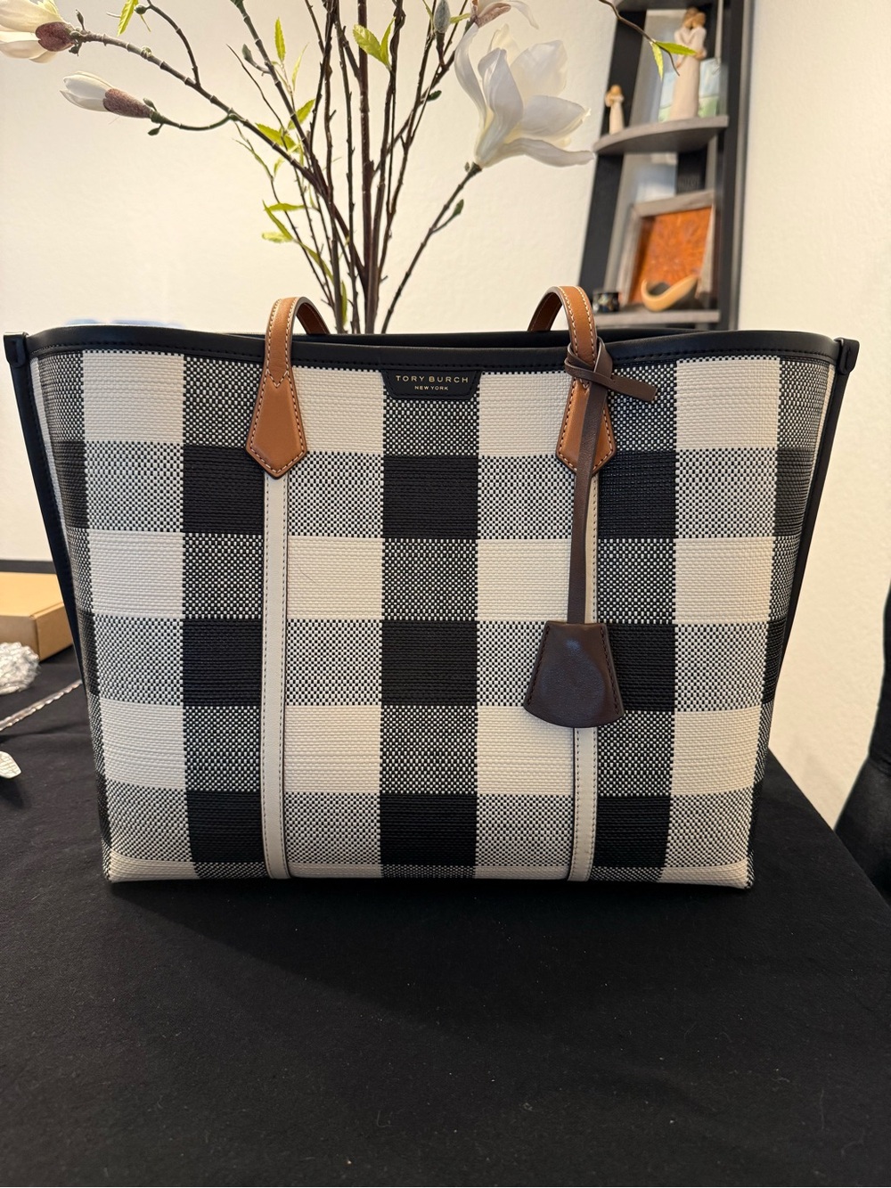 Tory Burch Black and White Gingham Tote with Tan Trim